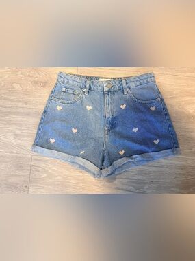 Harper Blue Denim Shorts with Pink Heart Accents
